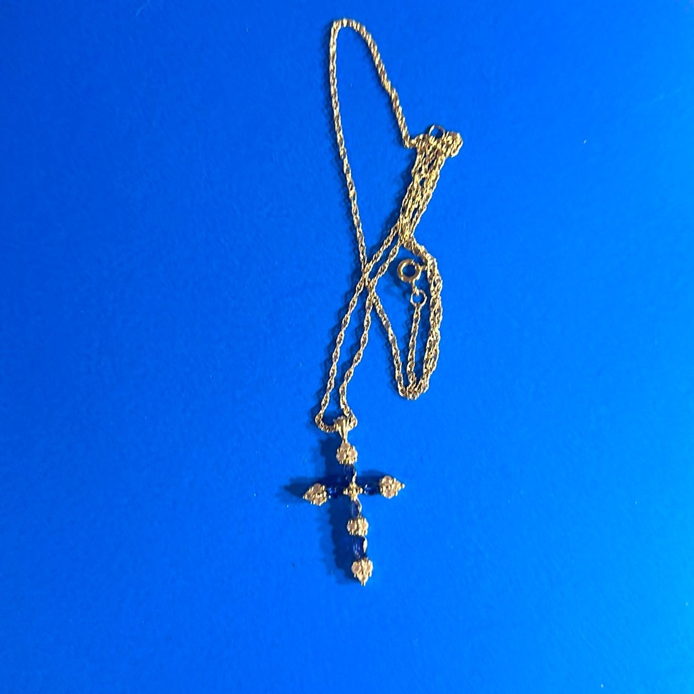 925 Sapphire cross with lab created diamonds.